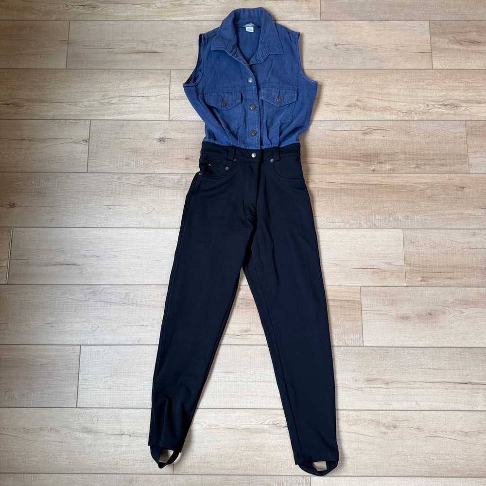 SEATTLE GEAR Vintage Jumpsuit One Piece Stirrup Pant Zip Top Blue Black SZ Small